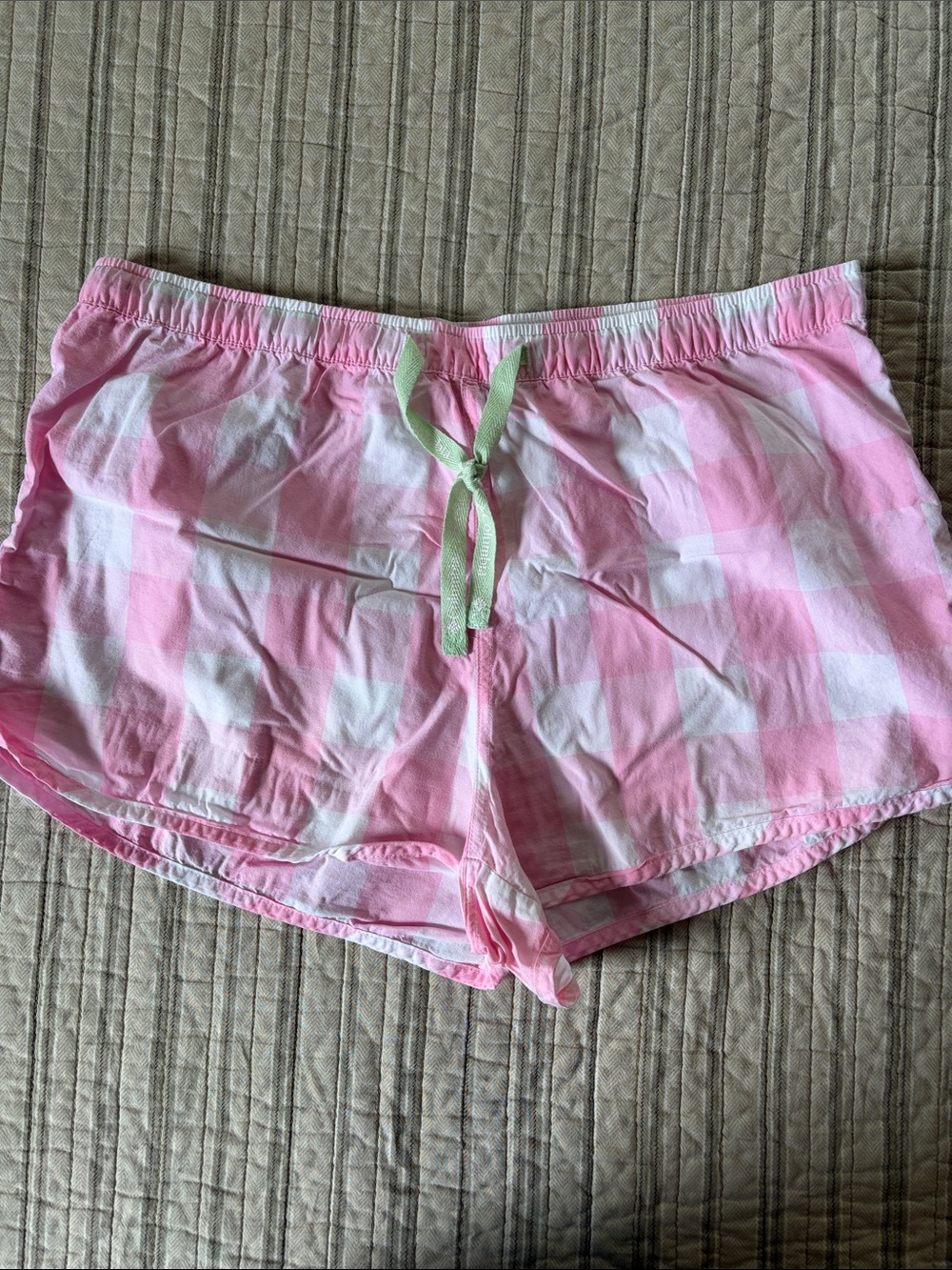 Columbia Pink and White Gingham Athletic Shorts with Lime Drawstring